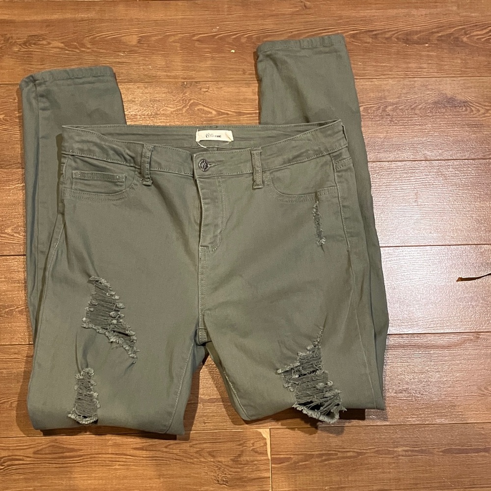 Cello Olive Distressed Skinny Jeans